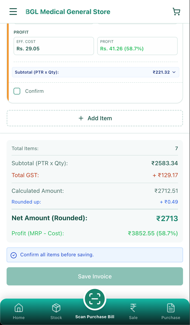 MedLens invoice breakdown showing medicine names quantities MRP and GST details