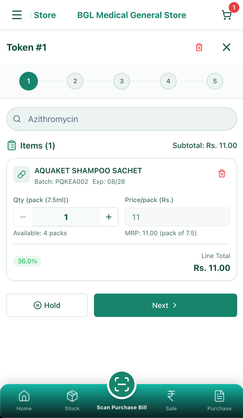 MedLens pharmacy billing and sales interface with GST invoicing